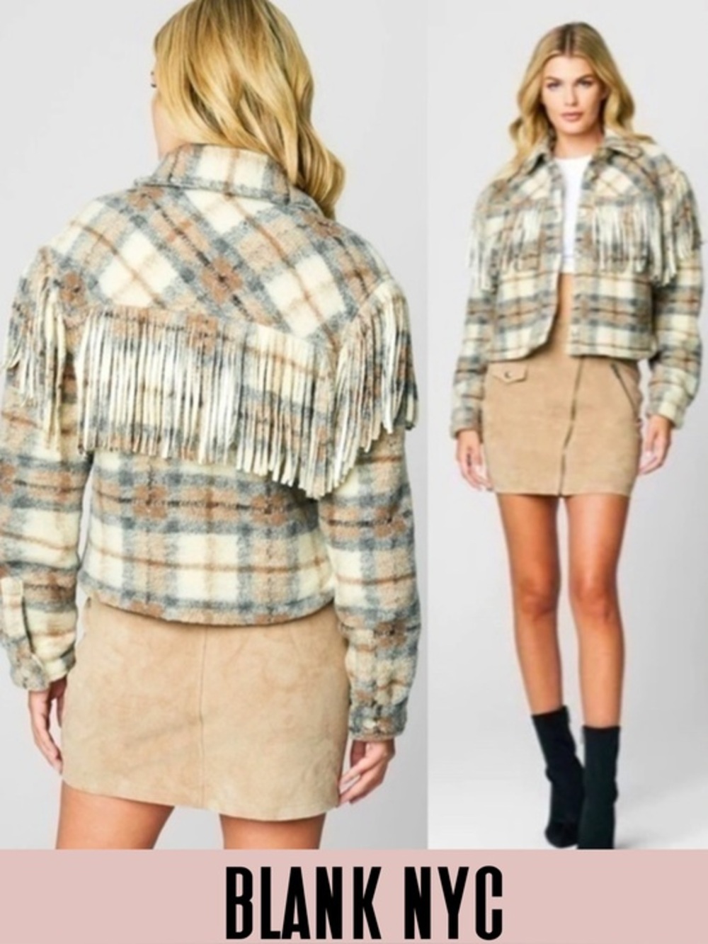 Blank NYC fringe jacket coat wool plaid fringe jacket western
